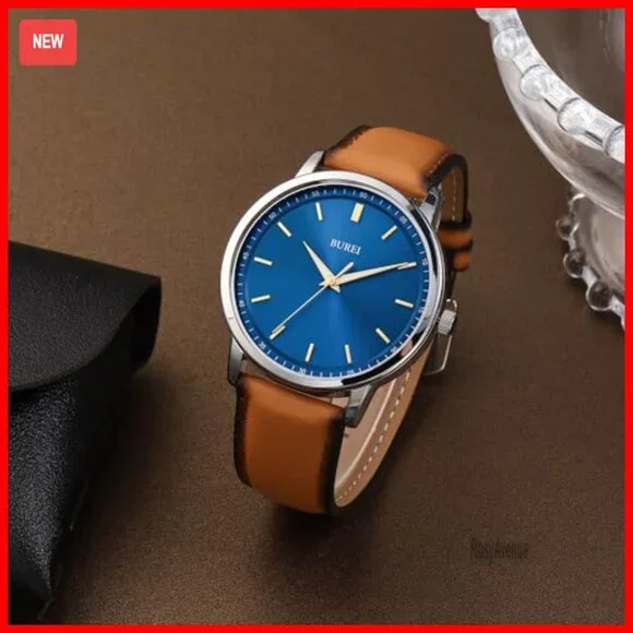 Men's Brown Leather Dress Watch Minimalist Slim Case Analog Quartz